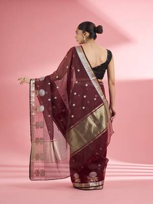 Dark maroon premium kota doria silk saree with zari work 2
