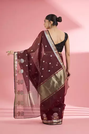 Dark maroon premium kota doria silk saree with zari work