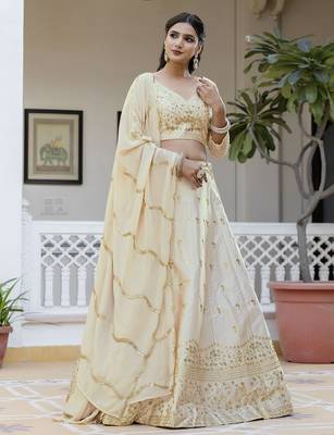 Beige embroidered lehenga choli with dupatta 3