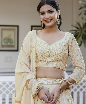 Beige embroidered lehenga choli with dupatta 4