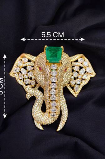 Royal elephant designer brooch with green emerald-cut crystal & american diamond stones | gold-plated statement brooch