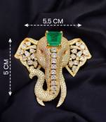 Royal elephant designer brooch with green emerald-cut crystal & american diamond stones | gold-plated statement brooch