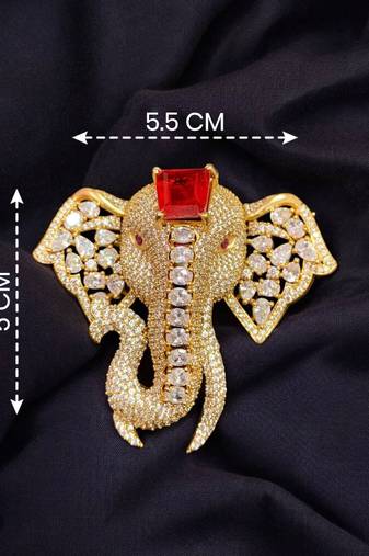 Royal elephant designer brooch with red emerald-cut crystal & american diamond stones | gold-plated statement brooch