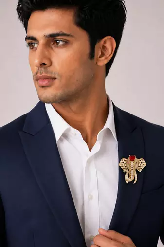 Royal elephant designer brooch with red emerald-cut crystal & american diamond stones | gold-plated statement brooch