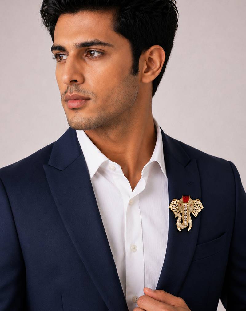 Royal elephant designer brooch with red emerald-cut crystal & american diamond stones | gold-plated statement brooch