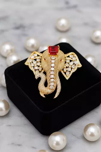Royal elephant designer brooch with red emerald-cut crystal & american diamond stones | gold-plated statement brooch