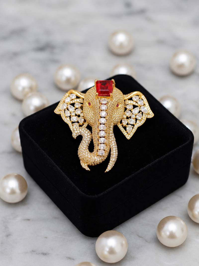 Royal elephant designer brooch with red emerald-cut crystal & american diamond stones | gold-plated statement brooch