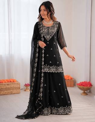 Black georgette thread with sequence plazzo suit 1