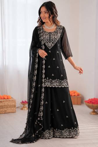 Black georgette thread with sequence plazzo suit