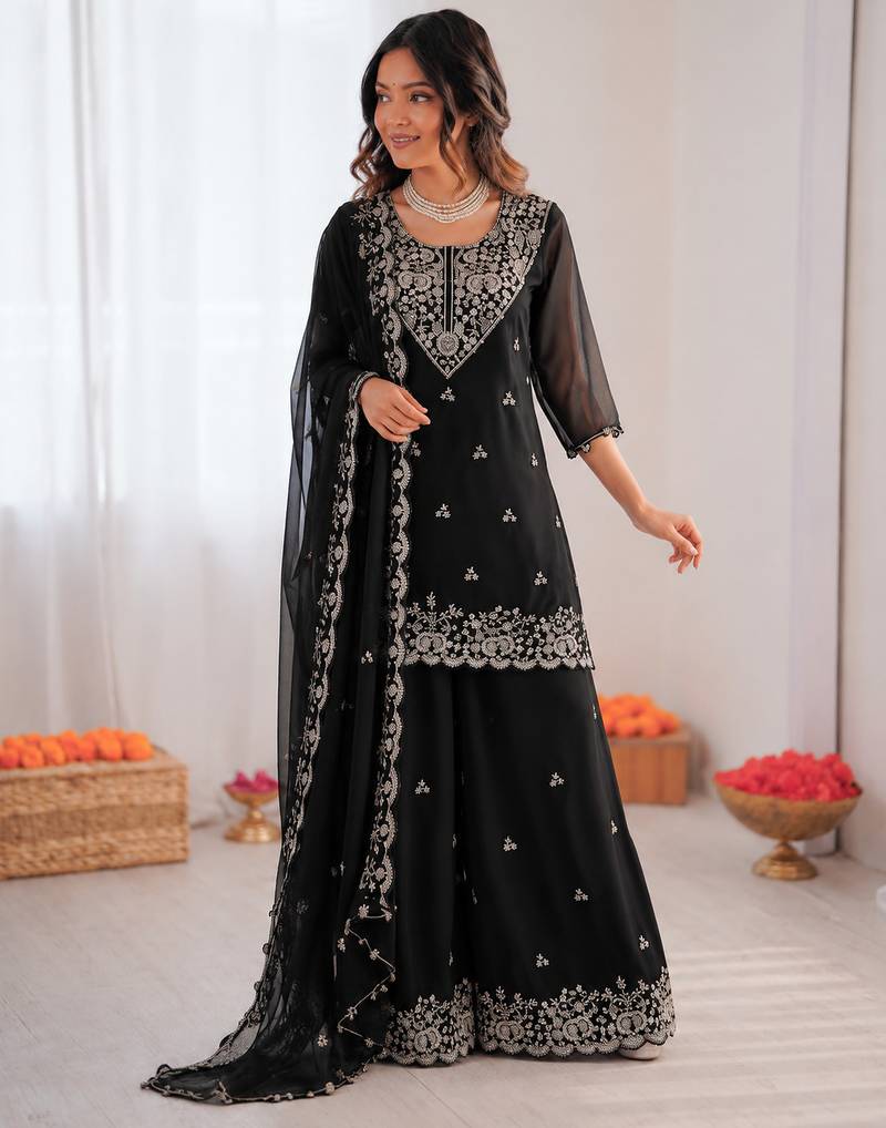 Black georgette thread with sequence plazzo suit