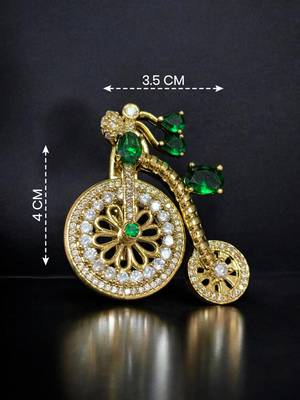 Designer bicycle brooch with emerald green crystal stones & american diamonds | gold-plated vintage cycle brooch pin 1