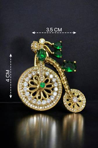 Designer bicycle brooch with emerald green crystal stones & american diamonds | gold-plated vintage cycle brooch pin
