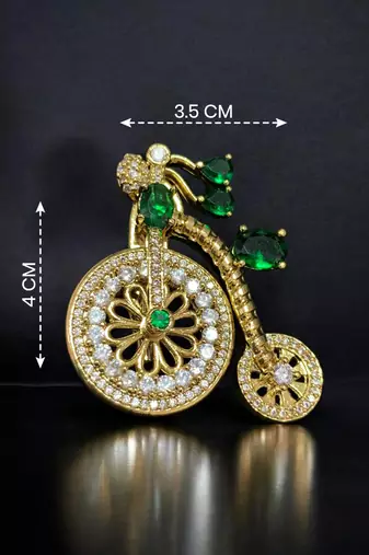 Designer bicycle brooch with emerald green crystal stones & american diamonds | gold-plated vintage cycle brooch pin