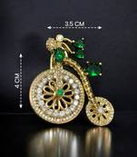 Designer bicycle brooch with emerald green crystal stones & american diamonds | gold-plated vintage cycle brooch pin