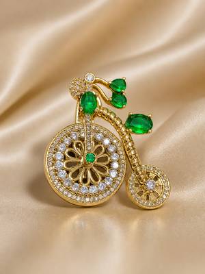 Designer bicycle brooch with emerald green crystal stones & american diamonds | gold-plated vintage cycle brooch pin 4