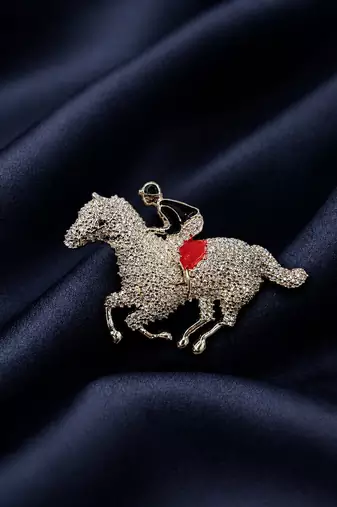 Royal horse rider designer brooch pin | gold-tone equestrian statement brooch for men & women