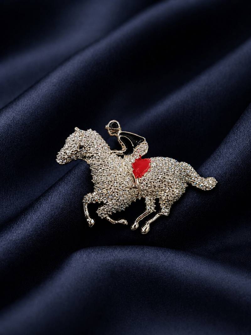 Royal horse rider designer brooch pin | gold-tone equestrian statement brooch for men & women
