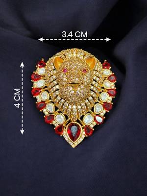 Royal lion head designer brooch with red crystal & kundan stones | gold-plated statement animal brooch pin 1