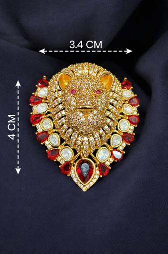 Royal lion head designer brooch with red crystal & kundan stones | gold-plated statement animal brooch pin