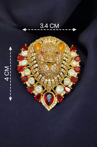 Royal lion head designer brooch with red crystal & kundan stones | gold-plated statement animal brooch pin