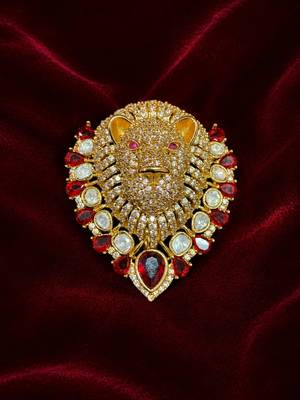 Royal lion head designer brooch with red crystal & kundan stones | gold-plated statement animal brooch pin 3
