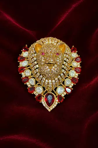 Royal lion head designer brooch with red crystal & kundan stones | gold-plated statement animal brooch pin
