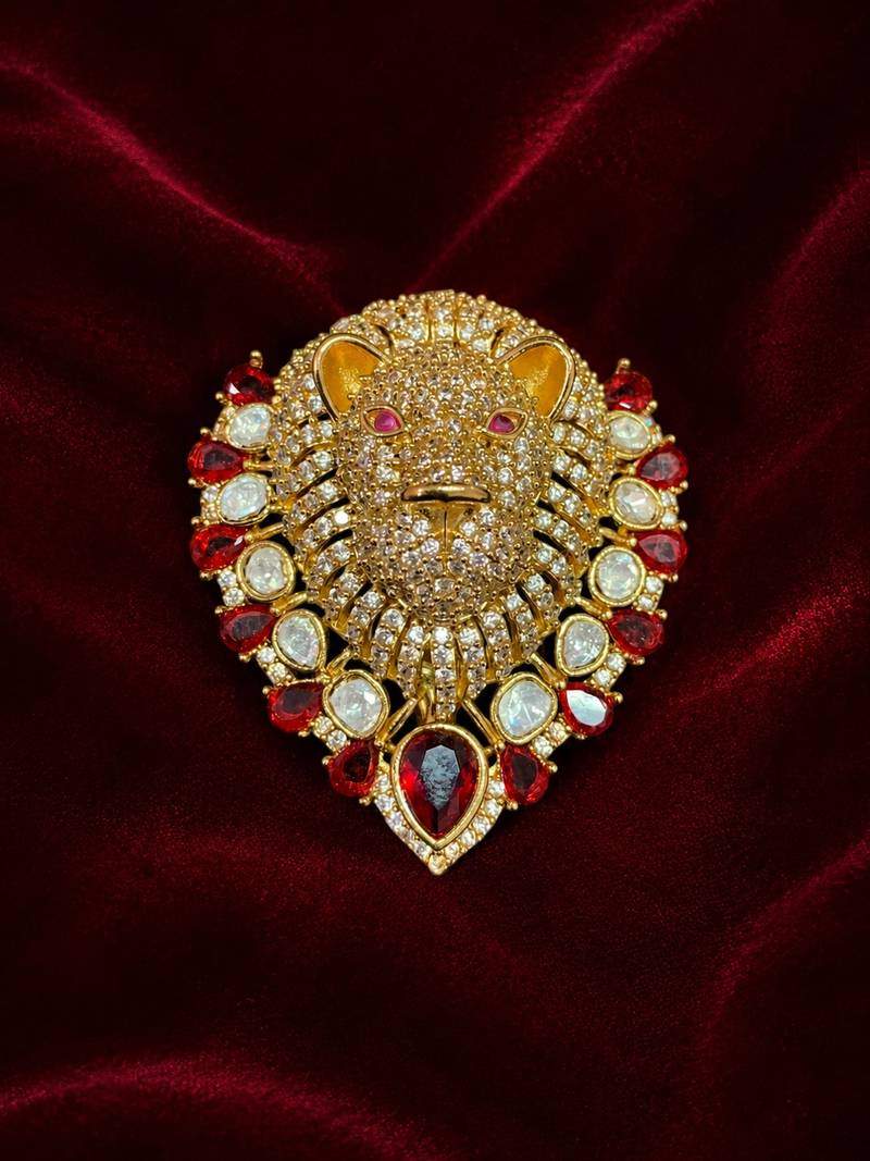 Royal lion head designer brooch with red crystal & kundan stones | gold-plated statement animal brooch pin