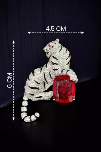 Royal white tiger designer brooch with ruby red crystal stone | luxury silver-tone animal statement brooch pin