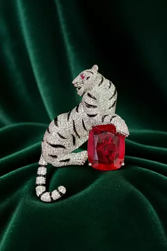 Royal white tiger designer brooch with ruby red crystal stone | luxury silver-tone animal statement brooch pin