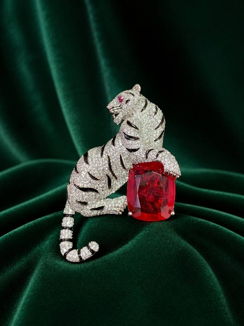 Royal white tiger designer brooch with ruby red crystal stone | luxury silver-tone animal statement brooch pin