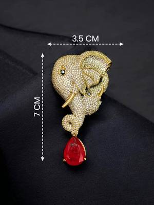 Royal elephant head designer brooch with ruby red teardrop crystal | gold-plated luxury statement brooch pin 1
