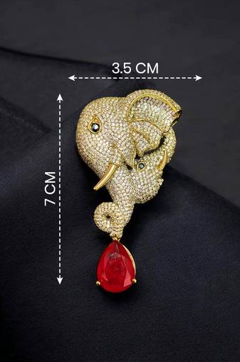 Royal elephant head designer brooch with ruby red teardrop crystal | gold-plated luxury statement brooch pin