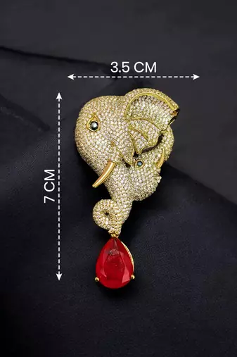 Royal elephant head designer brooch with ruby red teardrop crystal | gold-plated luxury statement brooch pin