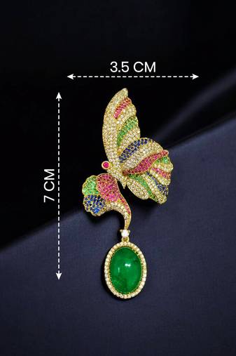 Designer multicolor butterfly brooch with green oval stone & american diamond embellishments