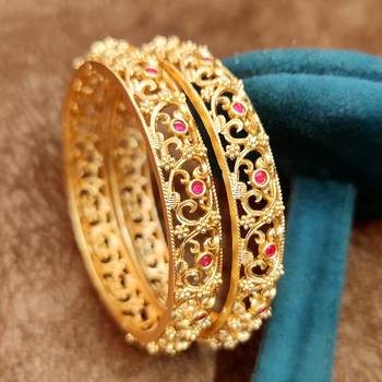 Anti-Tarnish Handcarved Ruby Bangles | 18kt Matt Gold Rajwadi Antique Polish Bangles for Women 1