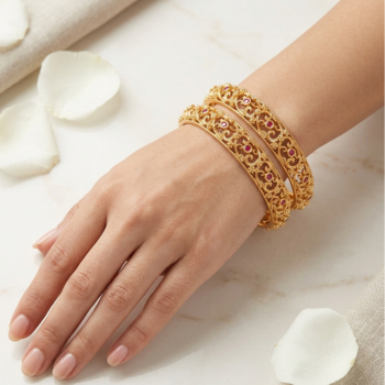 Anti-Tarnish Handcarved Ruby Bangles | 18kt Matt Gold Rajwadi Antique Polish Bangles for Women 2