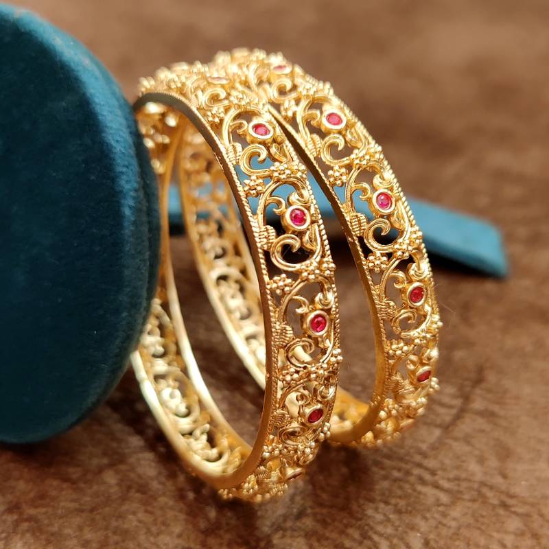 Anti-Tarnish Handcarved Ruby Bangles | 18kt Matt Gold Rajwadi Antique Polish Bangles for Women