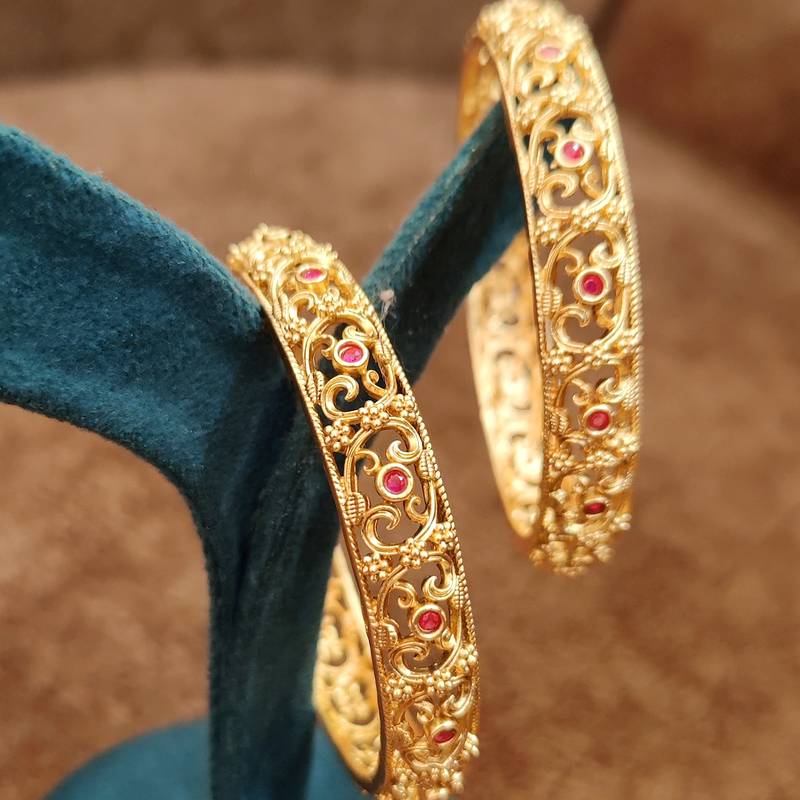 Anti-Tarnish Handcarved Ruby Bangles | 18kt Matt Gold Rajwadi Antique Polish Bangles for Women