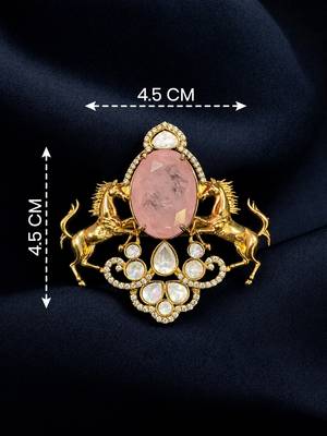 Royal pink stone twin horse designer brooch pin with kundan & cz stones | gold plated statement brooch 1