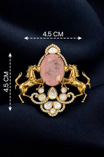 Royal pink stone twin horse designer brooch pin with kundan & cz stones | gold plated statement brooch