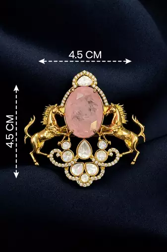 Royal pink stone twin horse designer brooch pin with kundan & cz stones | gold plated statement brooch
