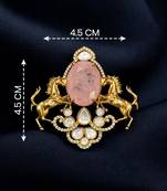 Royal pink stone twin horse designer brooch pin with kundan & cz stones | gold plated statement brooch
