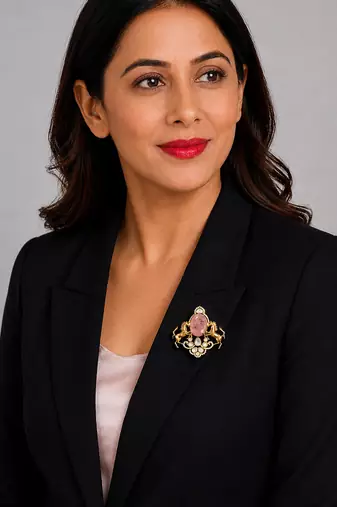 Royal pink stone twin horse designer brooch pin with kundan & cz stones | gold plated statement brooch