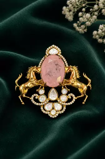 Royal pink stone twin horse designer brooch pin with kundan & cz stones | gold plated statement brooch