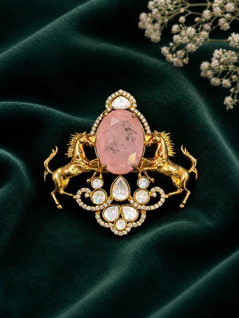 Royal pink stone twin horse designer brooch pin with kundan & cz stones | gold plated statement brooch