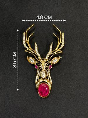 Royal stag head ruby stone designer brooch pin with cz diamonds | gold plated statement brooch for men & women 1