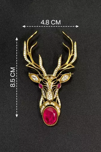 Royal stag head ruby stone designer brooch pin with cz diamonds | gold plated statement brooch for men & women