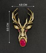 Royal stag head ruby stone designer brooch pin with cz diamonds | gold plated statement brooch for men & women