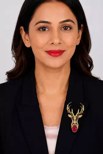 Royal stag head ruby stone designer brooch pin with cz diamonds | gold plated statement brooch for men & women