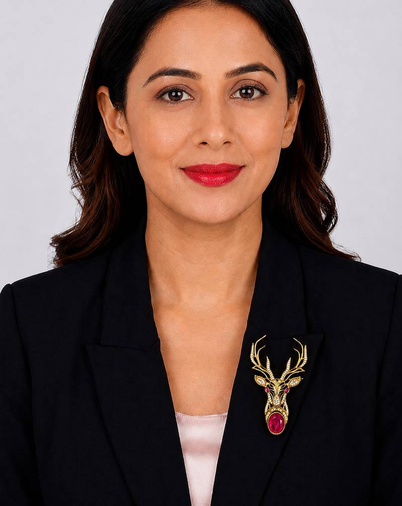 Royal stag head ruby stone designer brooch pin with cz diamonds | gold plated statement brooch for men & women